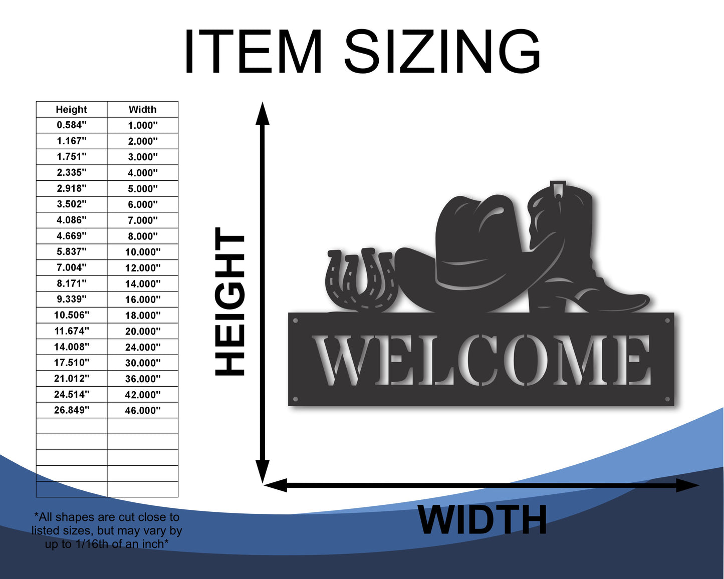 Custom Metal Horseshoe Hat Boot Wall Art | Indoor Outdoor | Up to 46" | 20+ Color Options