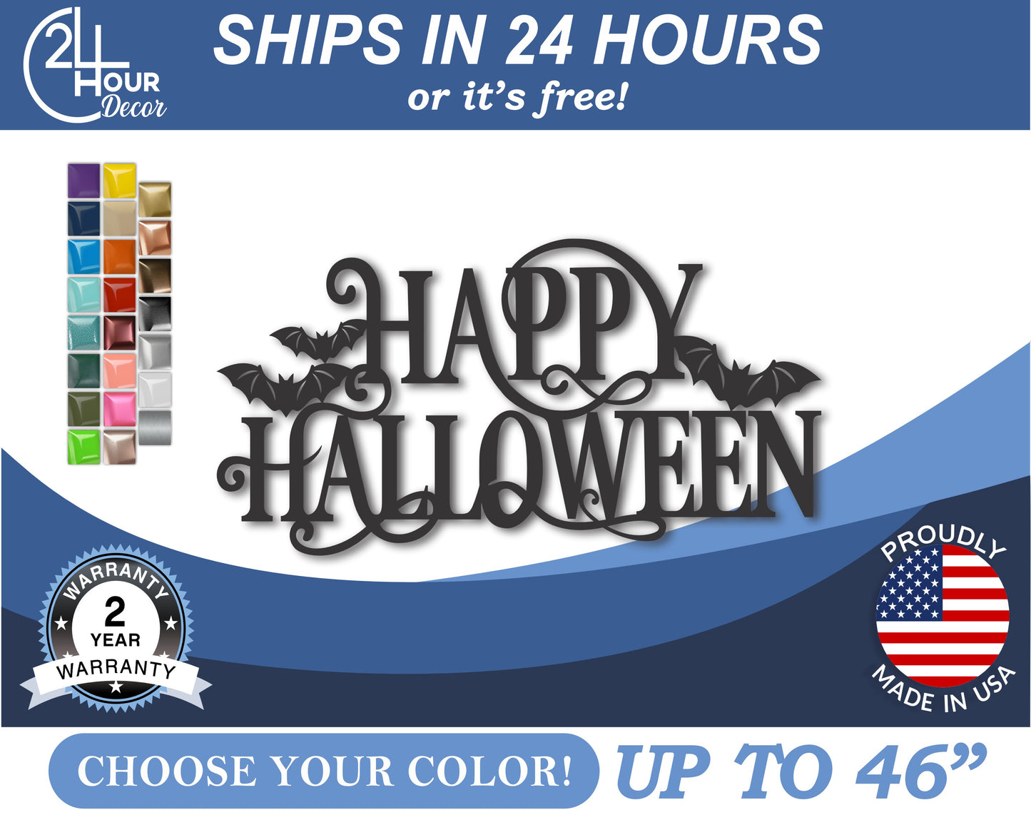 Custom Metal Happy Halloween Wall Art | Indoor Outdoor | Up to 46" | 20+ Color Options