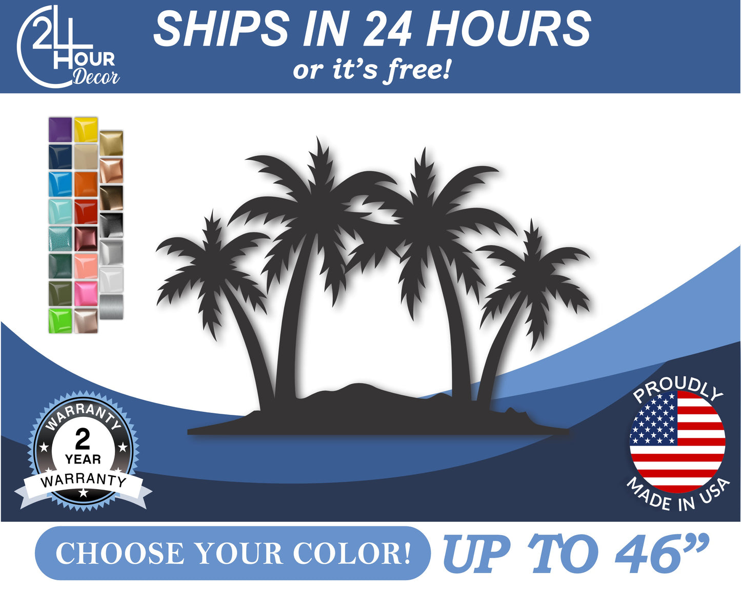 Custom Metal Palm Tree Wall Art | Indoor Outdoor | Up to 46" | 20+ Color Options