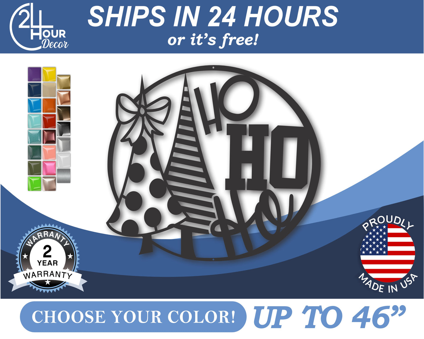Custom Metal Ho Ho Ho Holiday Wall Art | Indoor Outdoor | Up to 46" | 20+ Color Options