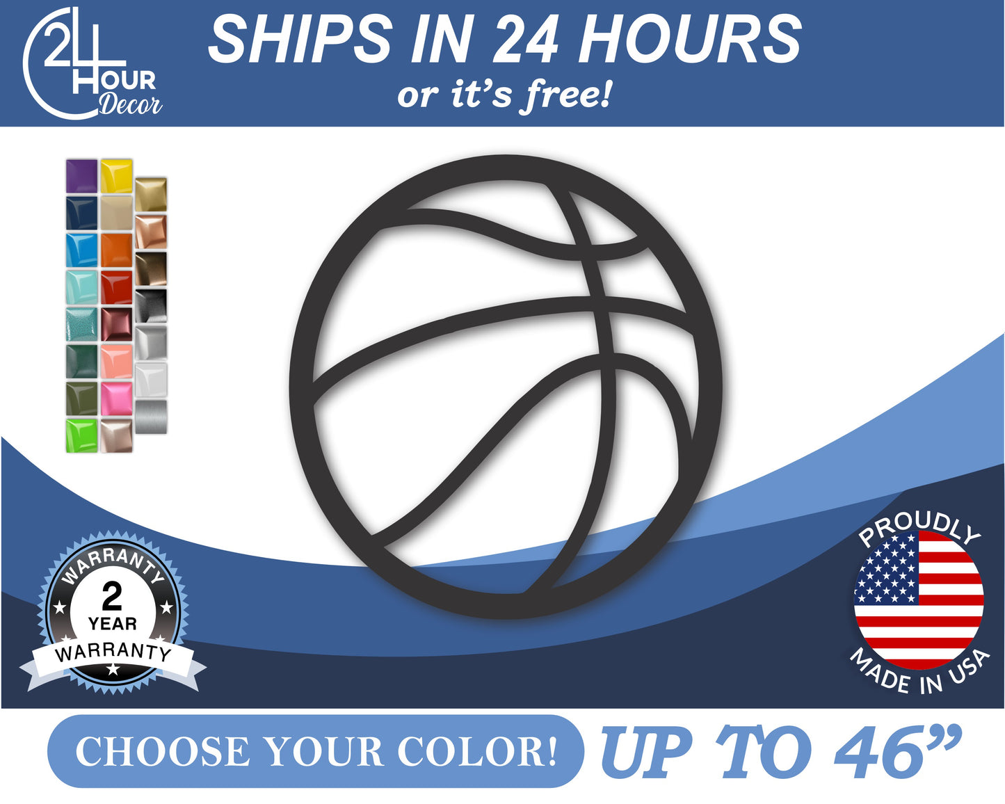Custom Metal Basketball Wall Art | Indoor Outdoor | Up to 46" | 20+ Color Options