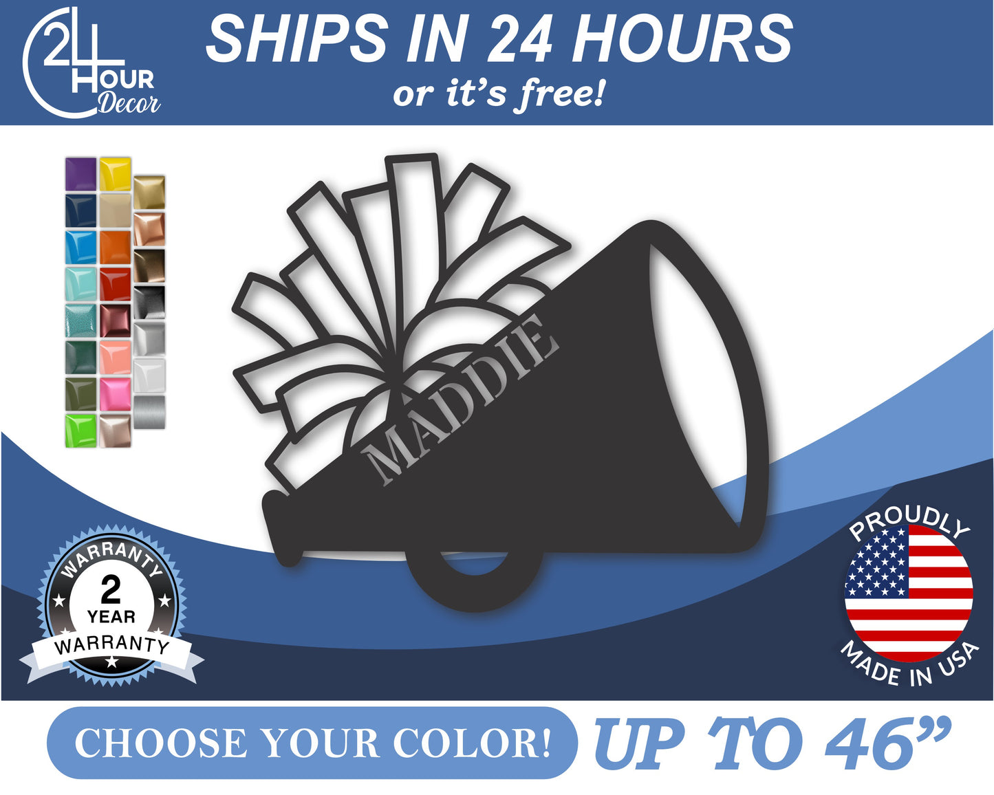 Custom Metal Cheer Megaphone Wall Art | Indoor Outdoor | Up to 46" | 20+ Color Options