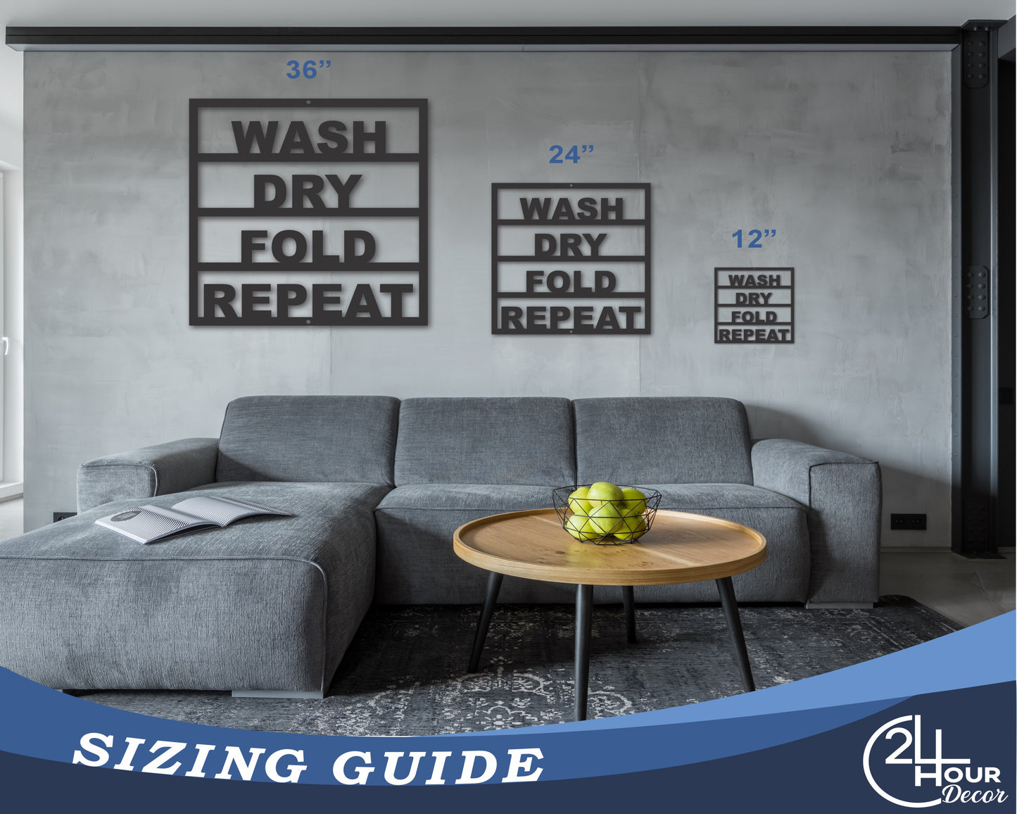 Custom Metal Wash Dry Fold Repeat Laundry Wall Art | Indoor Outdoor | Up to 46" | 20+ Color Options