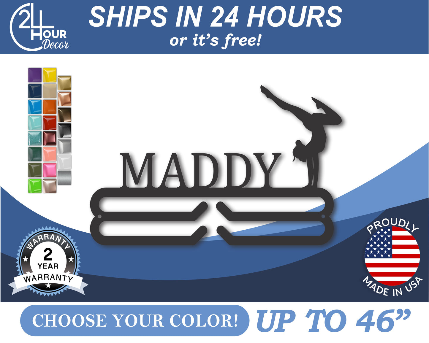 Custom Metal Gymnastics Medal Hanger Metal Wall Art | Indoor Outdoor | Up to 46" | 20+ Color Options