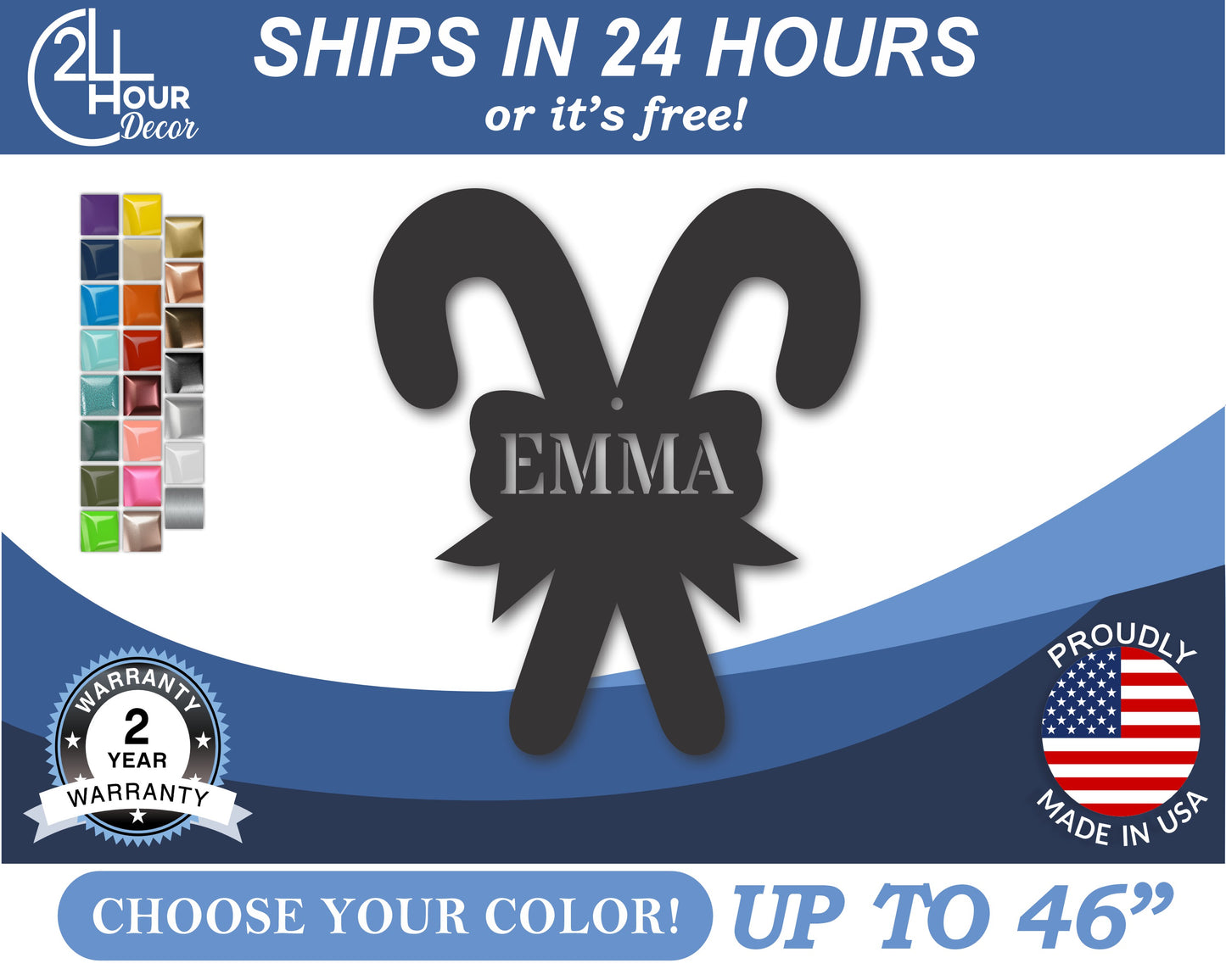 Custom Metal Candy Cane Ornament | 4" to 5" | 20+ Color Options