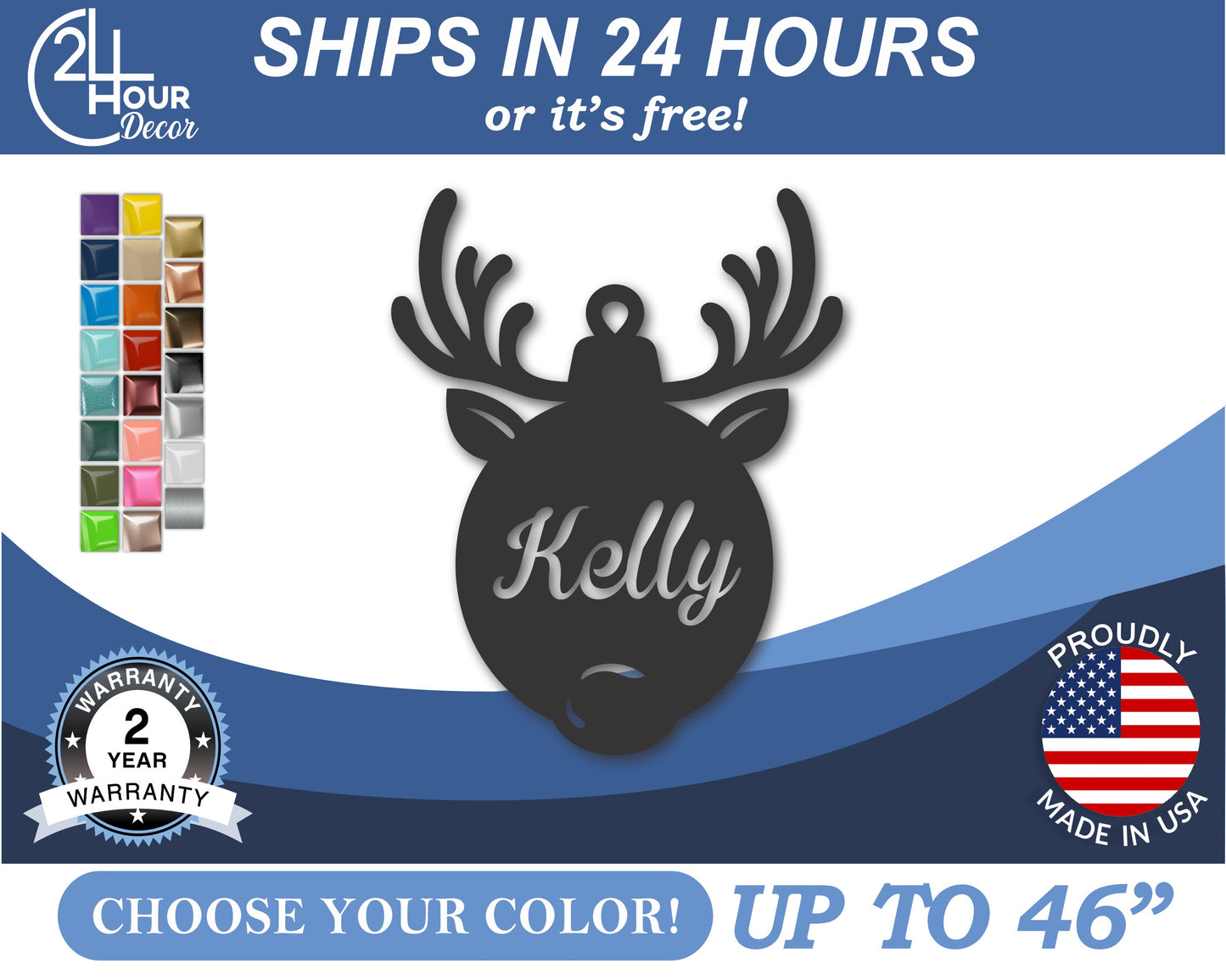 Custom Metal Reindeer Name Ornament | 4" to 5" | 20+ Color Options