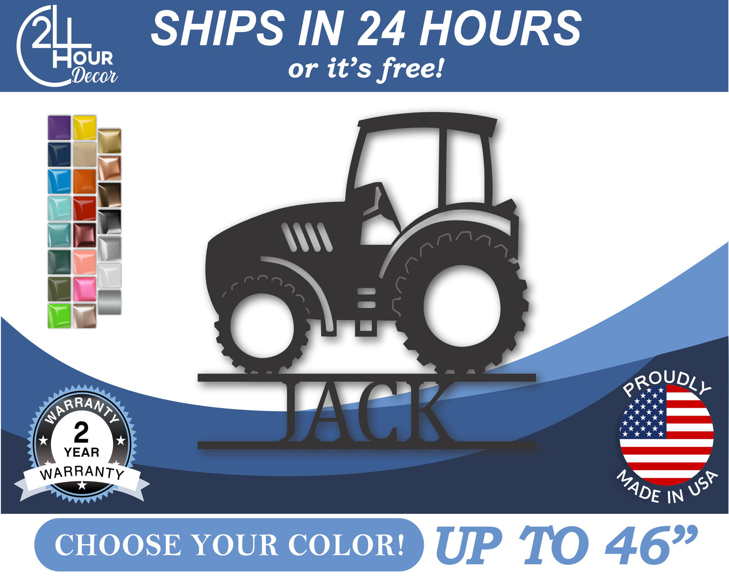 Custom Metal Tractor Wall Art | Indoor Outdoor | Up to 46" | 20+ Color Options