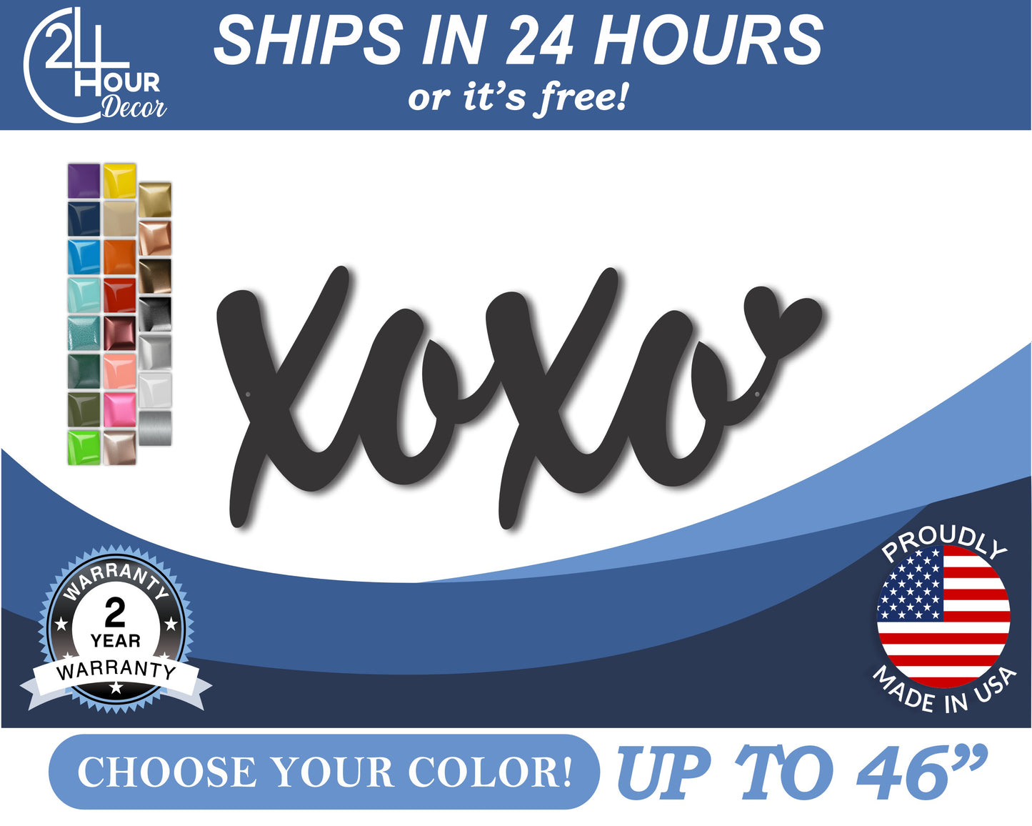 Custom Metal XOXO Wall Art | Indoor Outdoor | Up to 46" | 20+ Color Options