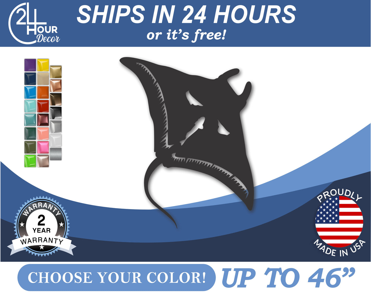 Custom Metal Manta Ray Wall Art | Indoor Outdoor | Up to 46" | 20+ Color Options