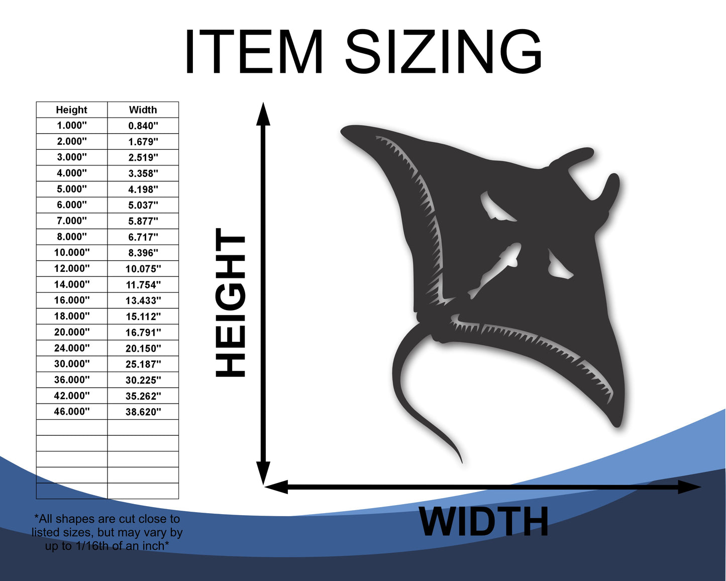Custom Metal Manta Ray Wall Art | Indoor Outdoor | Up to 46" | 20+ Color Options