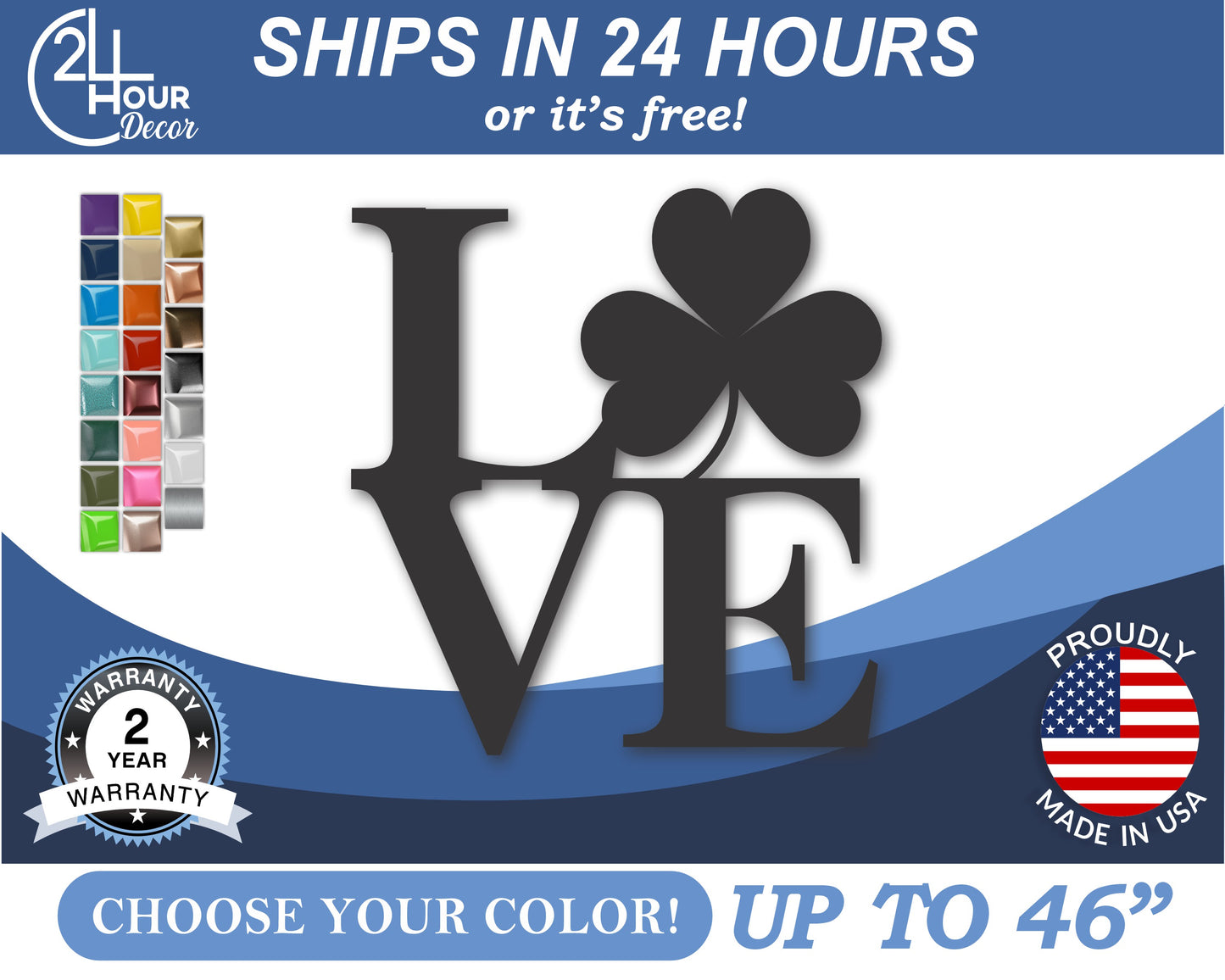 Custom Metal Love Shamrock Wall Art | Indoor Outdoor | Up to 46" | 20+ Color Options
