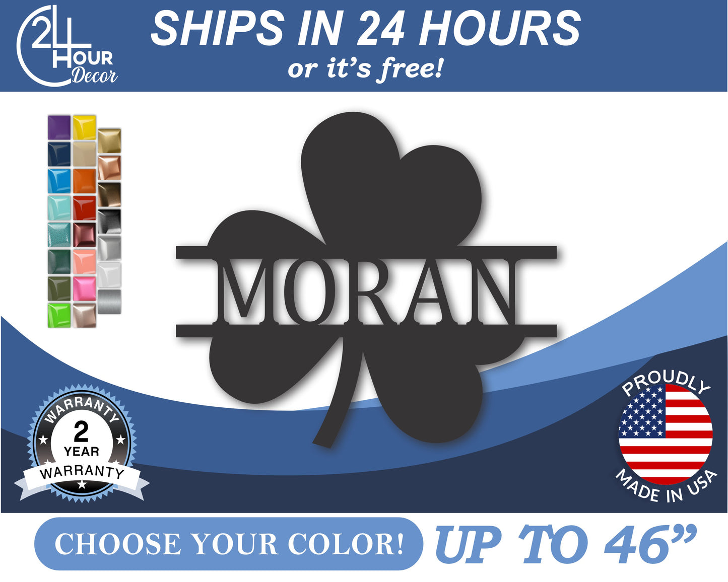 Custom Metal Shamrock Monogram Wall Art | Indoor Outdoor | Up to 46" | 20+ Color Options