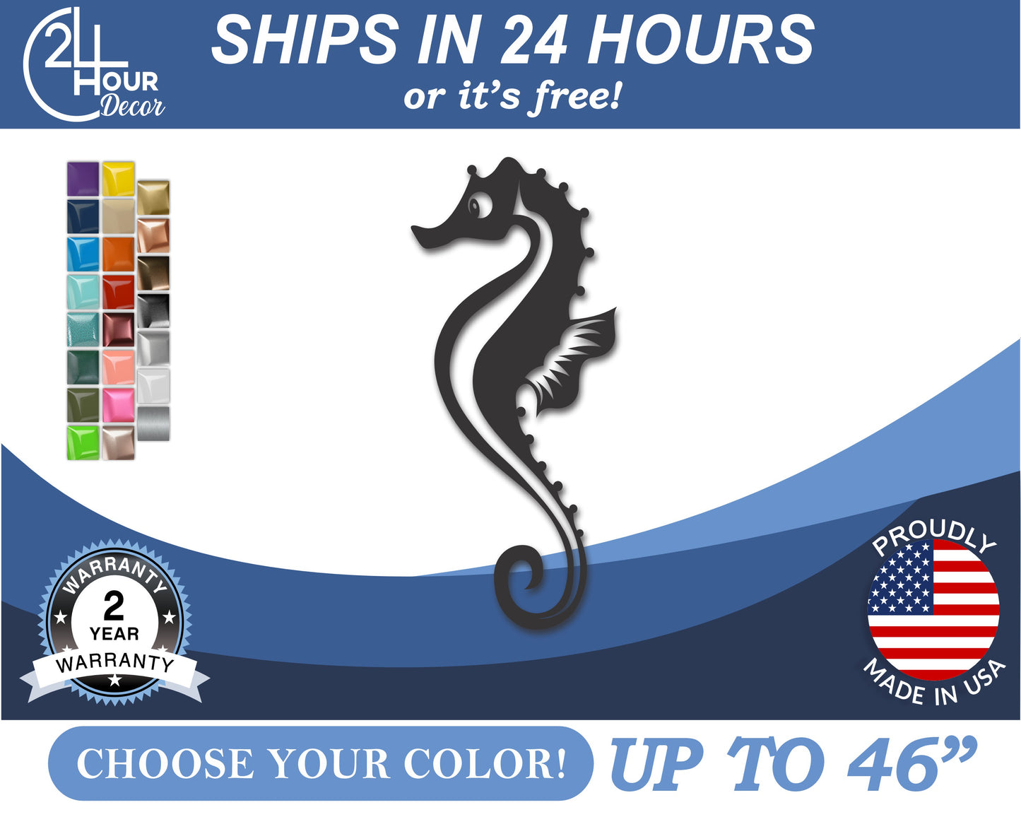 Custom Metal Seahorse Wall Art | Indoor Outdoor | Up to 46" | 20+ Color Options