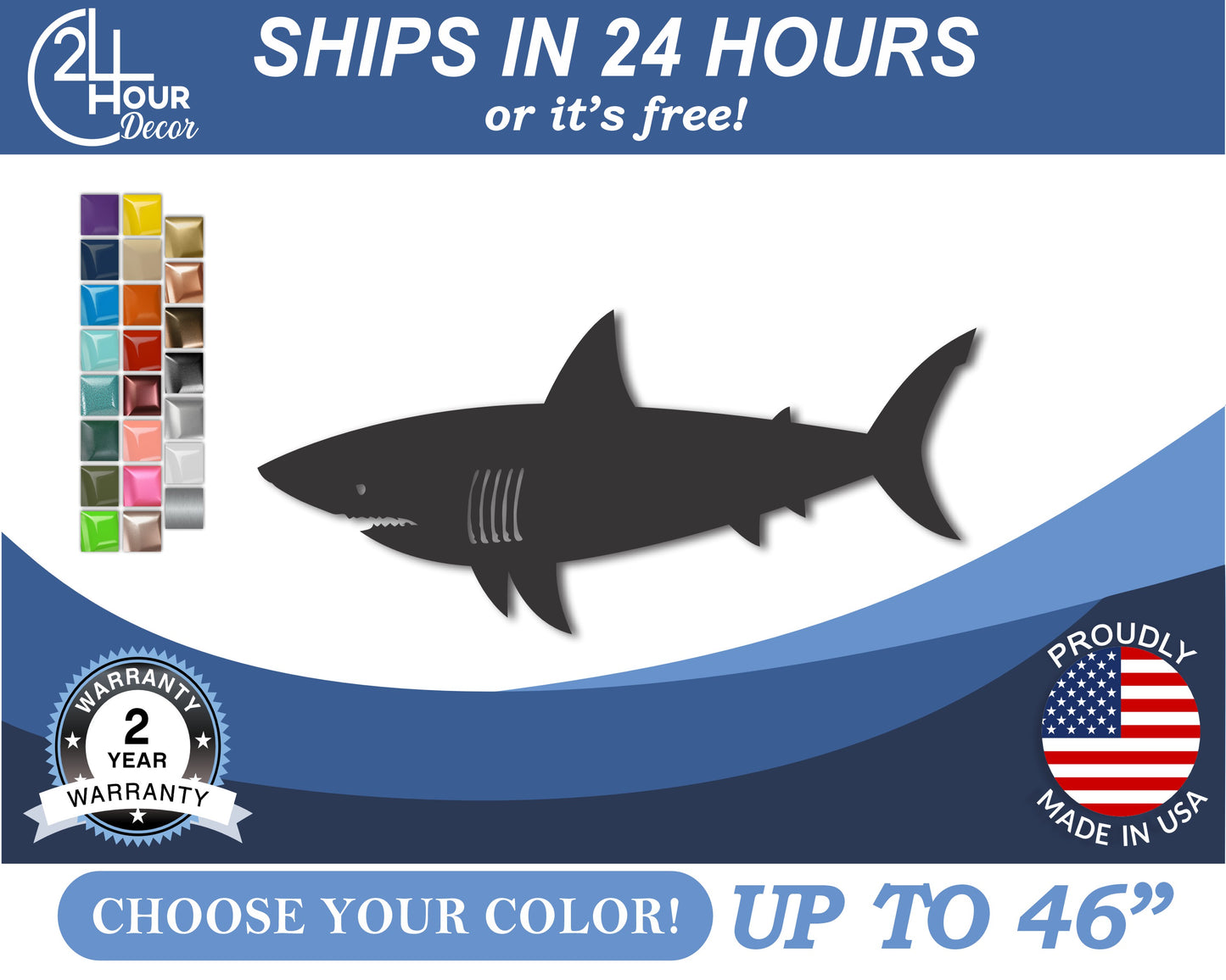 Custom Metal Shark Wall Art | Indoor Outdoor | Up to 46" | 20+ Color Options