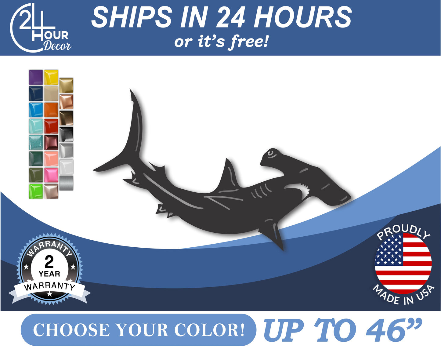 Custom Metal Hammerhead Shark Wall Art | Indoor Outdoor | Up to 46" | 20+ Color Options