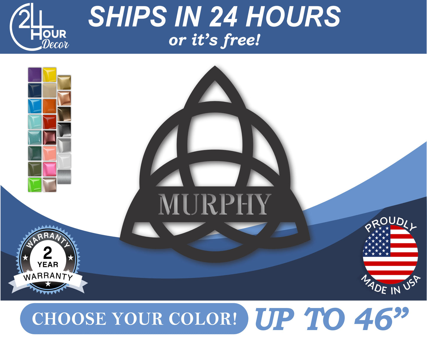 Custom Metal Irish Trinity Knot Wall Art | Indoor Outdoor | Up to 46" | 20+ Color Options