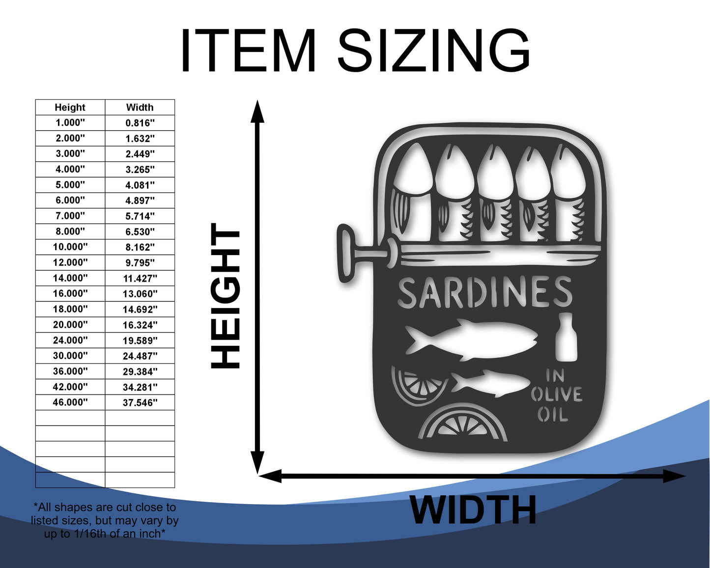 Custom Metal Sardines Wall Art | Indoor Outdoor | Up to 46" | 20+ Color Options