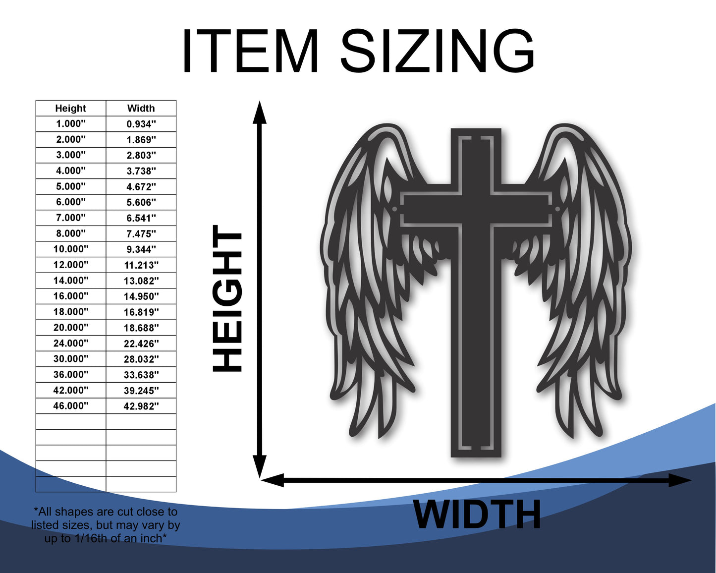 Custom Metal Cross with Wings Wall Art | Indoor Outdoor | Up to 46" | 20+ Color Options