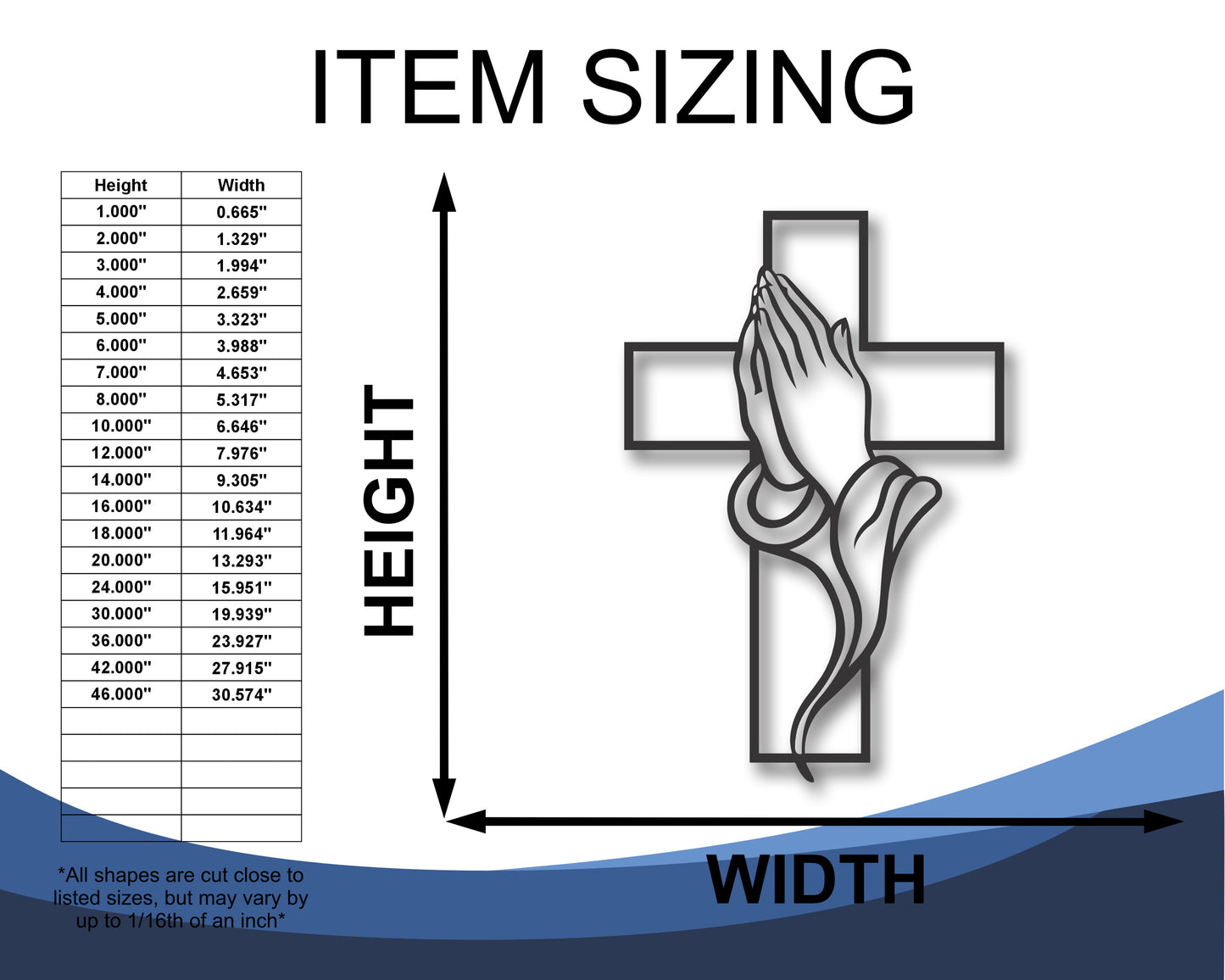 Custom Metal Praying Hands with Cross Wall Art | Indoor Outdoor | Up to 46" | 20+ Color Options
