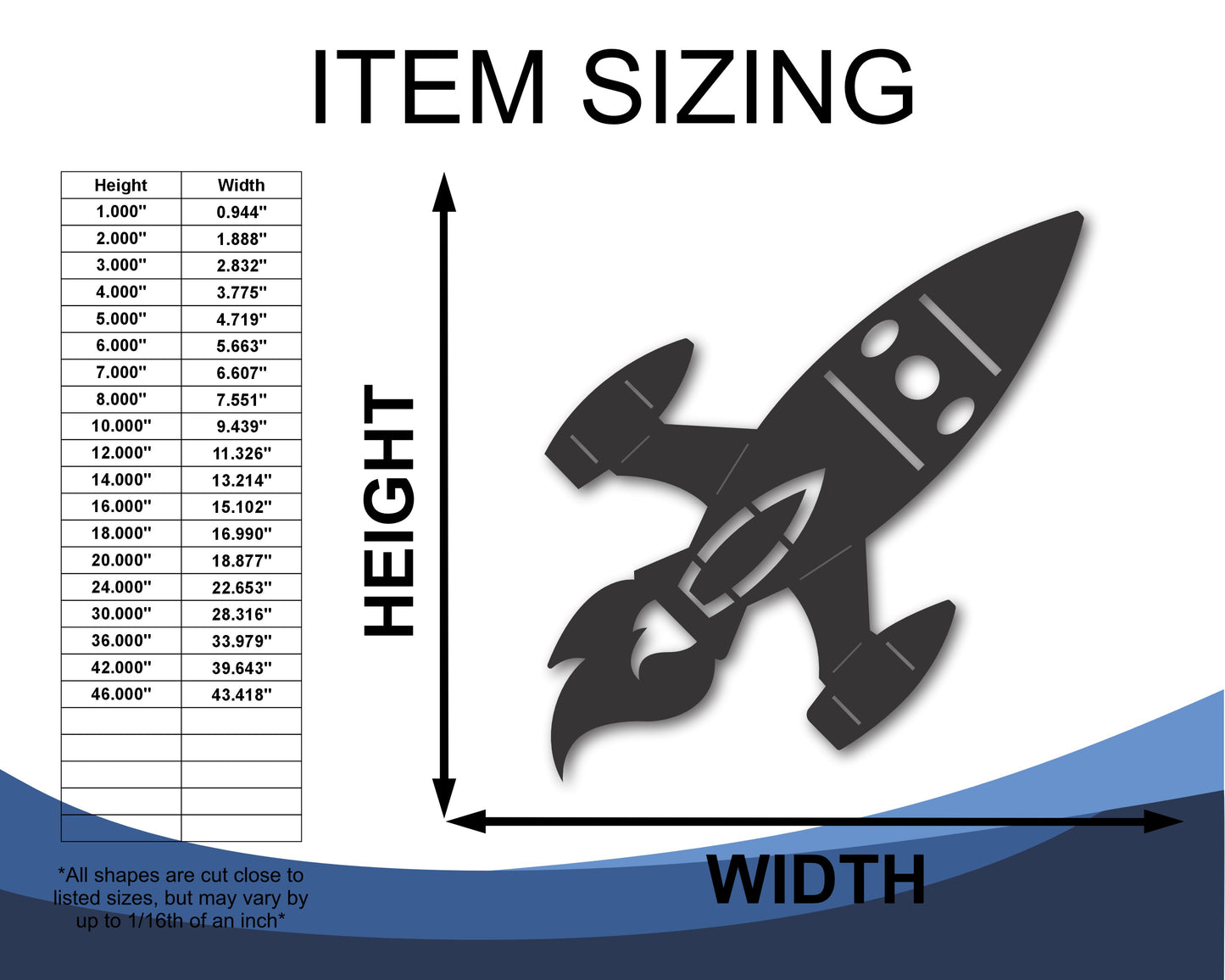 Custom Metal Rocket Ship Wall Art | Indoor Outdoor | Up to 46" | 20+ Color Options