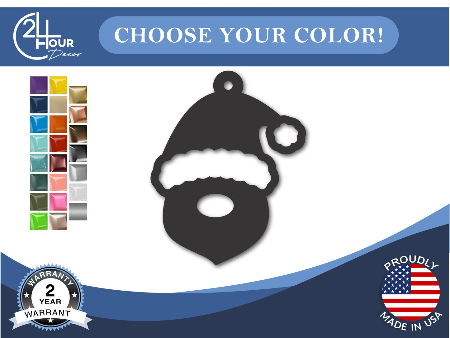 Custom Metal Simple Santa Ornament | 4" to 5" | 20+ Color Options