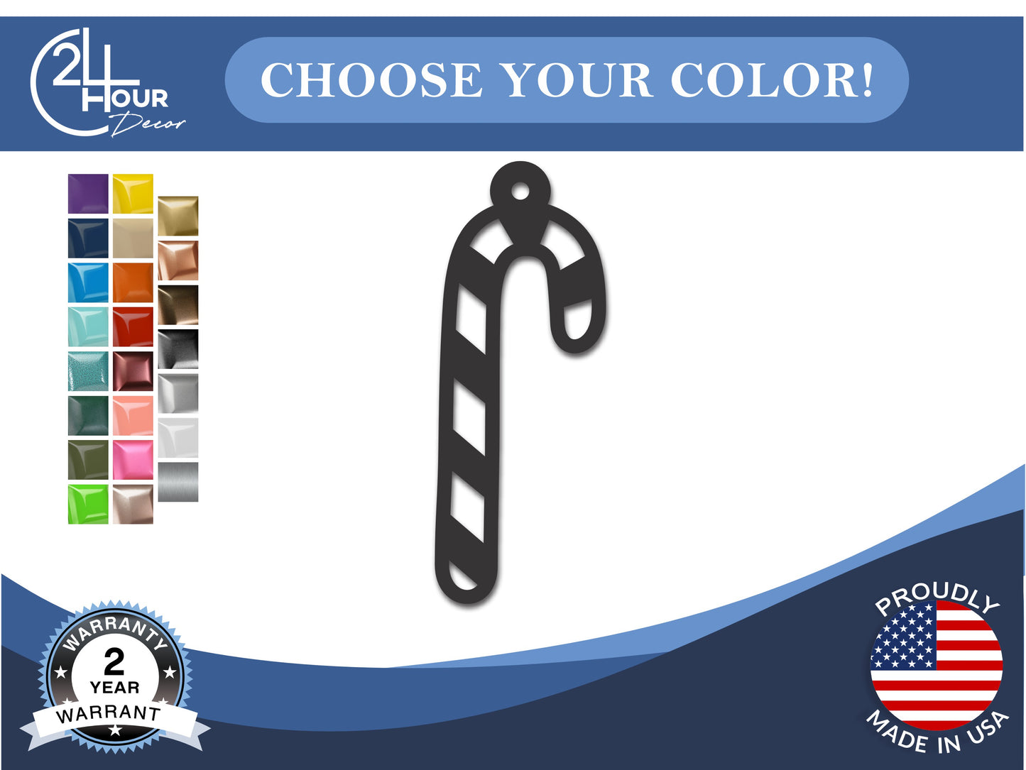 Custom Metal Candy Cane Ornament | 4" to 5" | 20+ Color Options