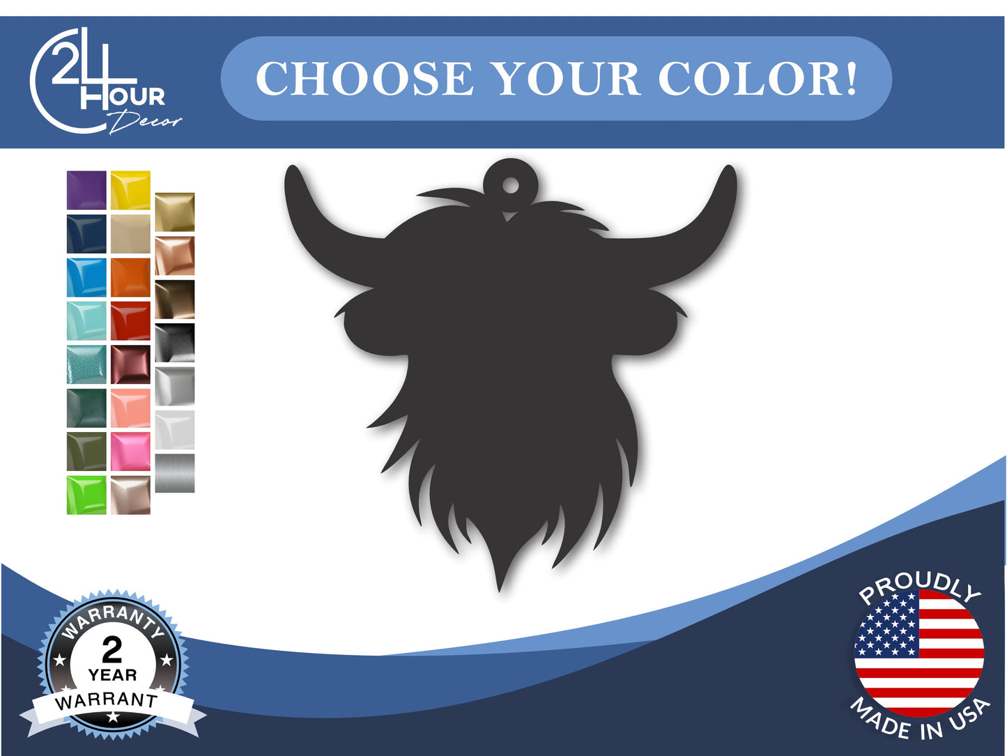 Custom Metal Highland Cow Ornament | 4" to 5" | 20+ Color Options