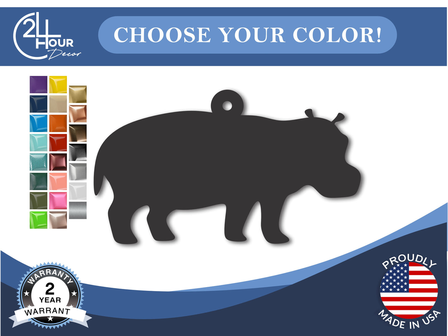 Custom Metal Hippo Ornament | 4" to 5" | 20+ Color Options