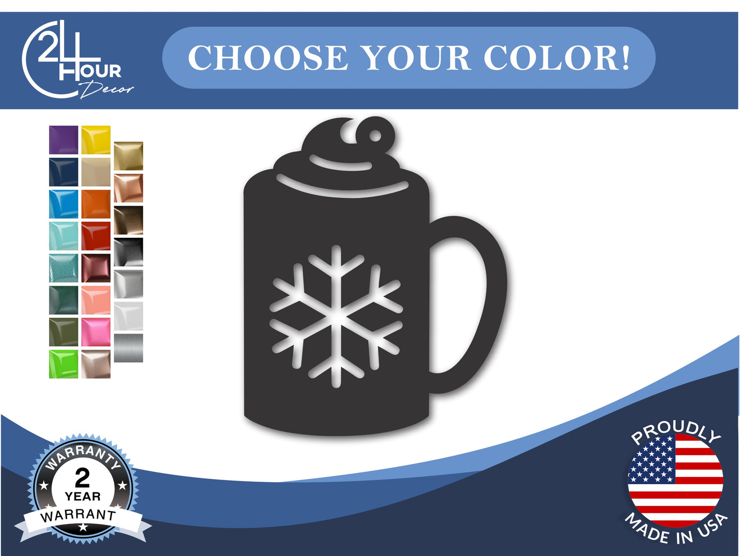 Custom Metal Hot Cocoa Ornament | 4" to 5" | 20+ Color Options