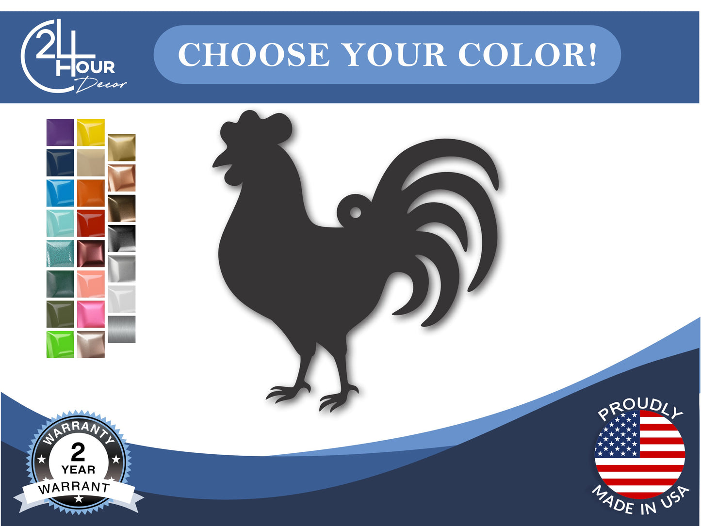 Custom Metal Rooster Ornament | 4" to 5" | 20+ Color Options