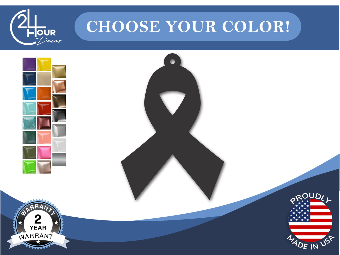 Custom Metal Cancer Ribbon Ornament | 4" to 5" | 20+ Color Options