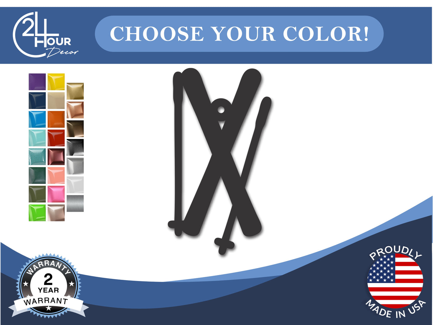 Custom Metal Skis Ornament | 4" to 5" | 20+ Color Options
