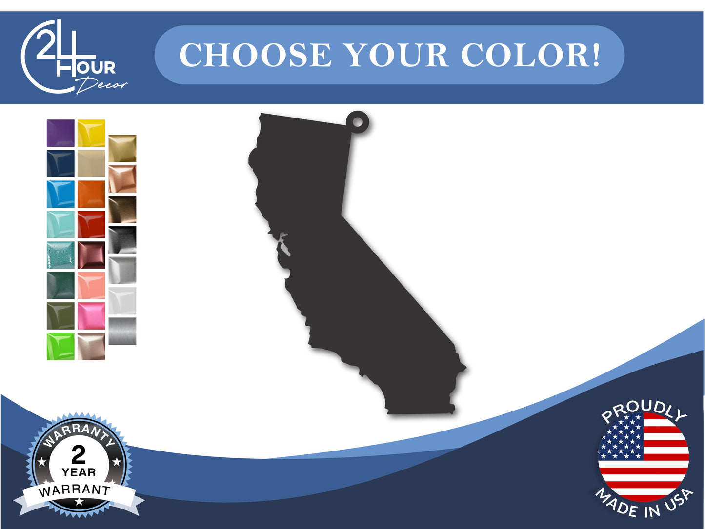 Custom Metal California State Ornament | 4" to 5" | State Ornaments | 20+ Color Options