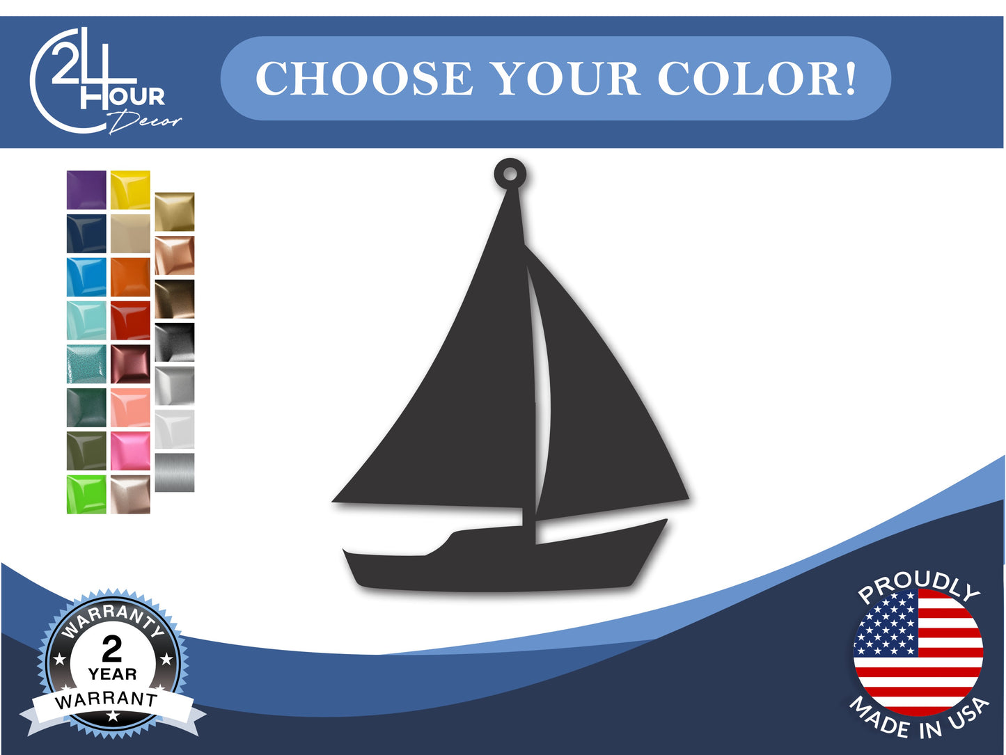 Custom Metal Sailboat Ornament | 4" to 5" | State Ornaments | 20+ Color Options