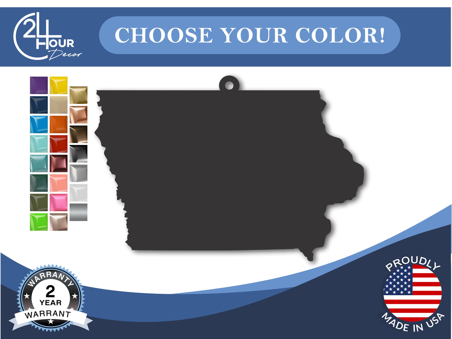 Custom Metal Iowa State Ornament | 4" to 5" | State Ornaments | 20+ Color Options