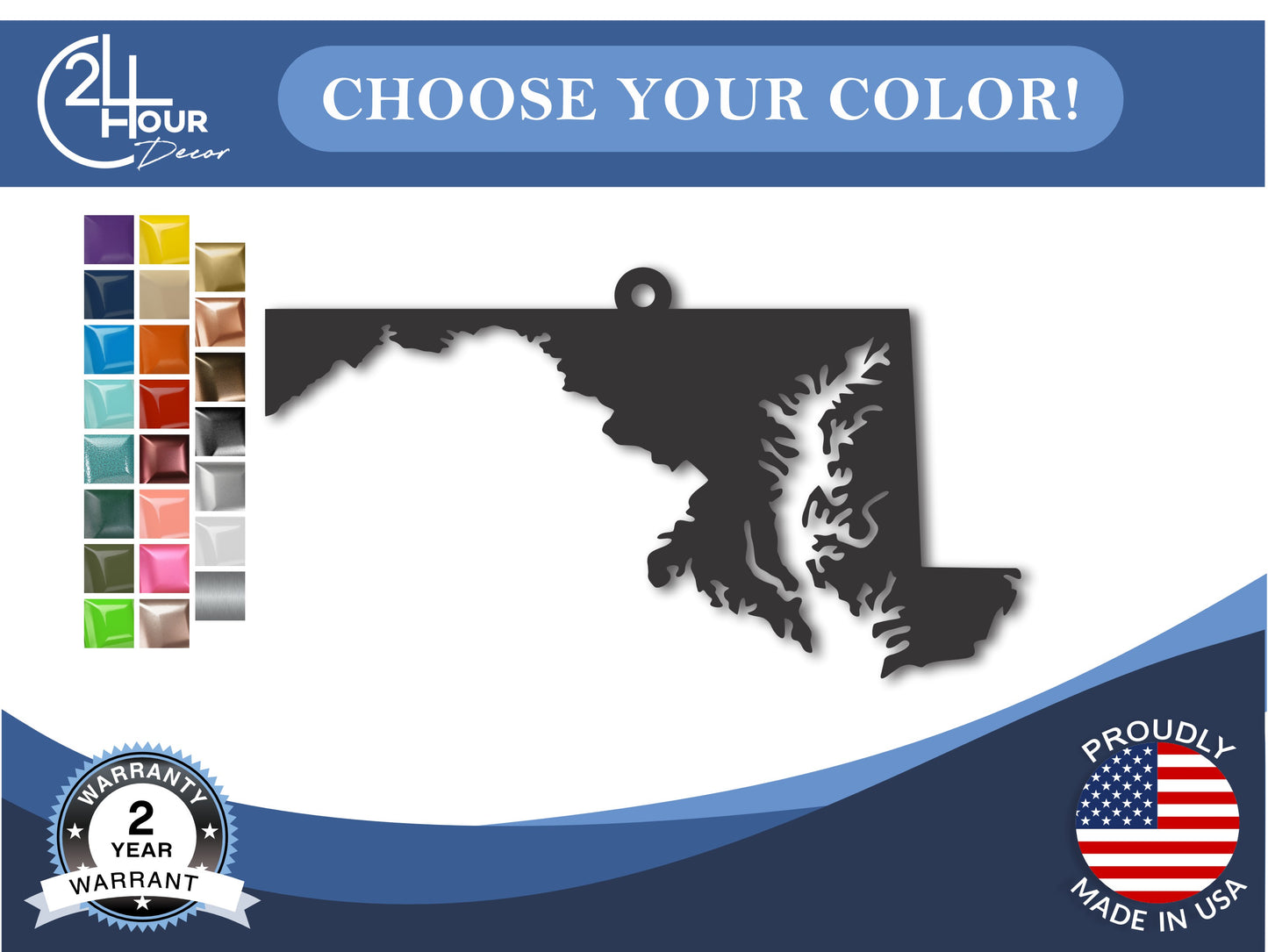 Custom Metal Maryland State Ornament | 4" to 5" | State Ornaments | 20+ Color Options