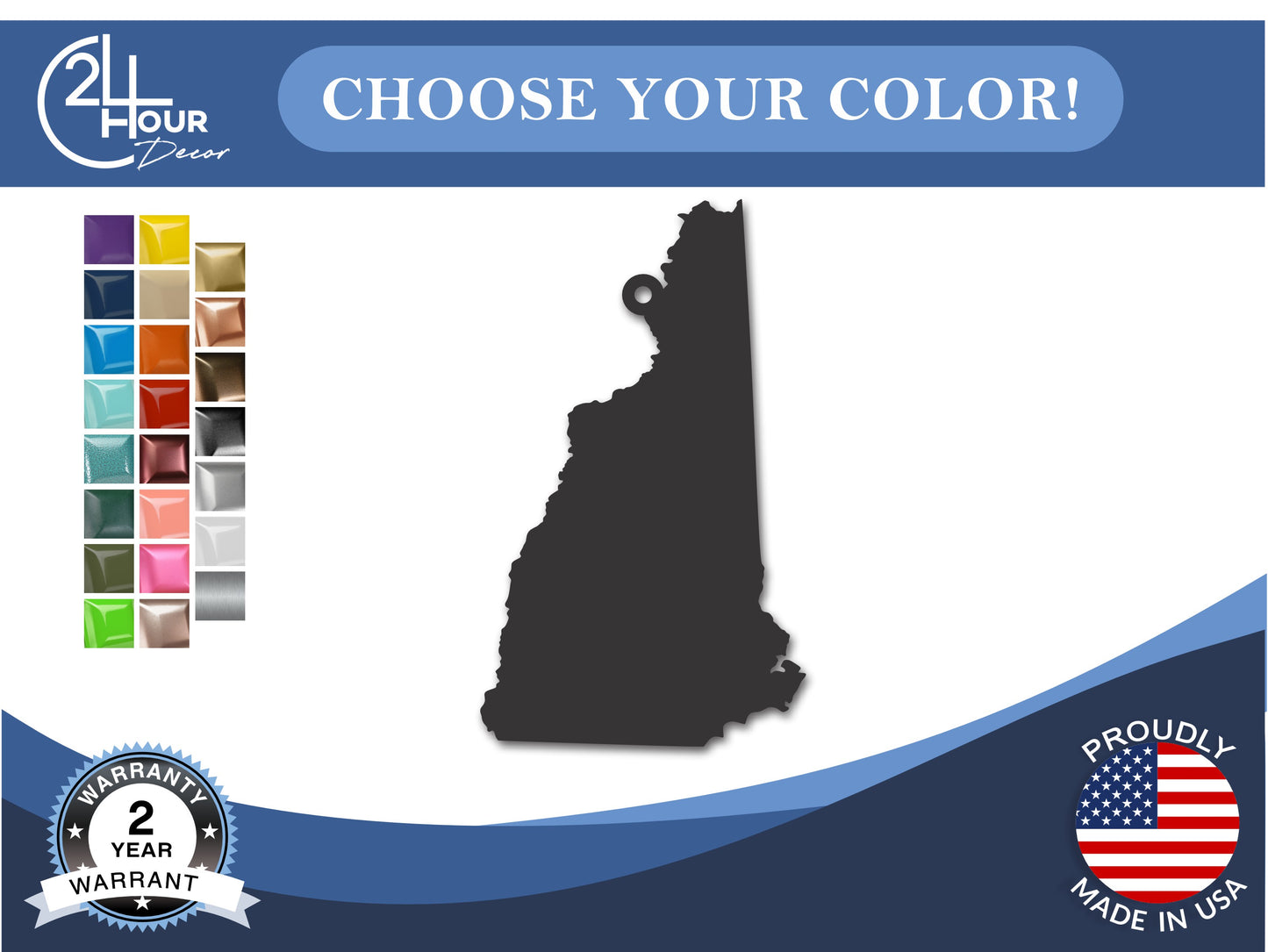 Custom Metal New Hampshire State Ornament | 4" to 5" | State Ornaments | 20+ Color Options