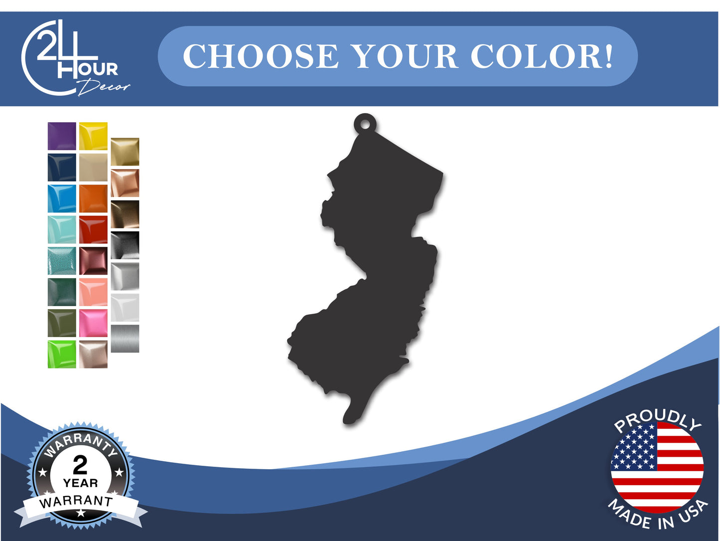 Custom Metal New Jersey State Ornament | 4" to 5" | State Ornaments | 20+ Color Options