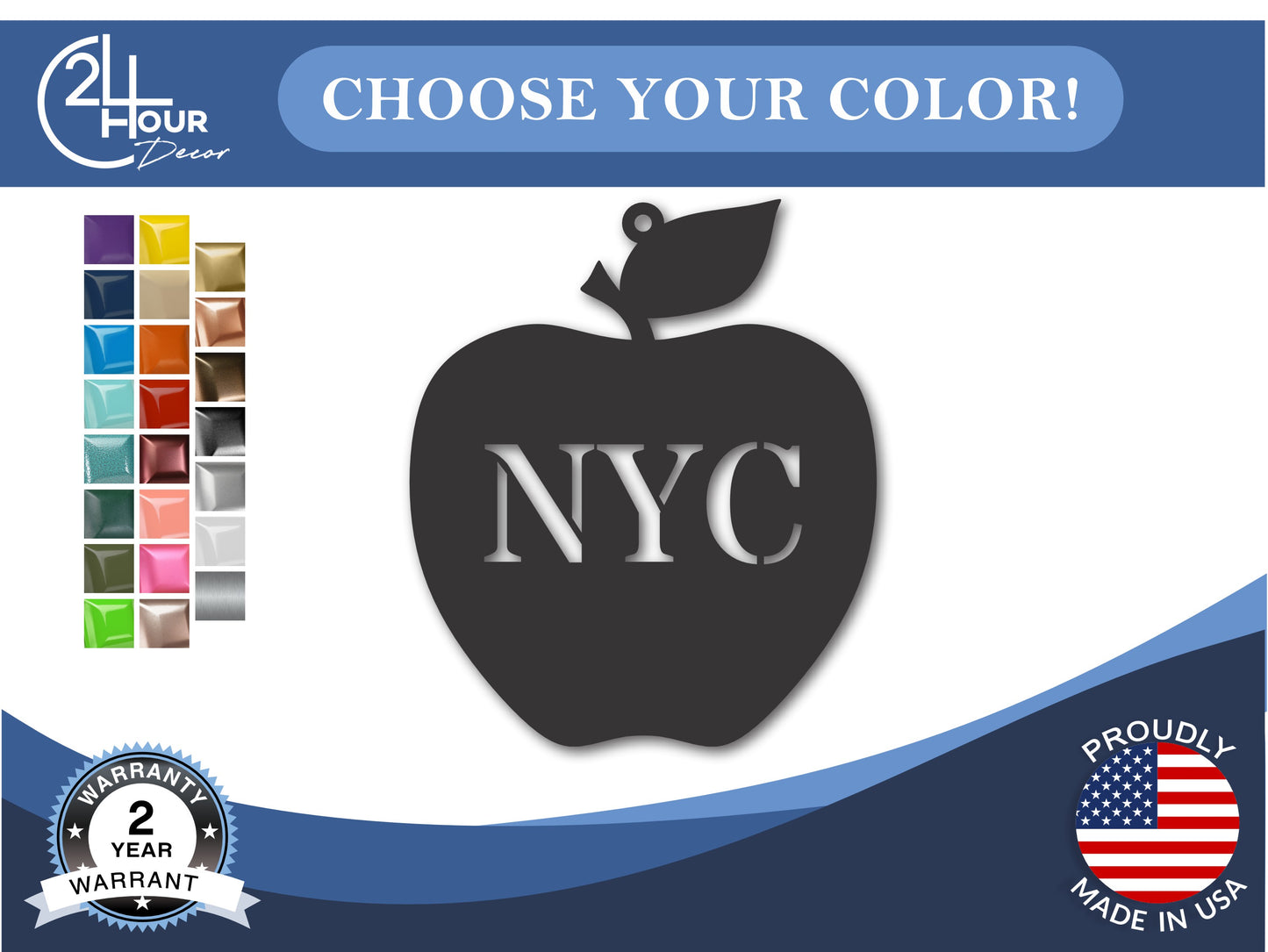 Custom Metal NYC Apple New York State Ornament | 4" to 5" | State Ornaments | 20+ Color Options