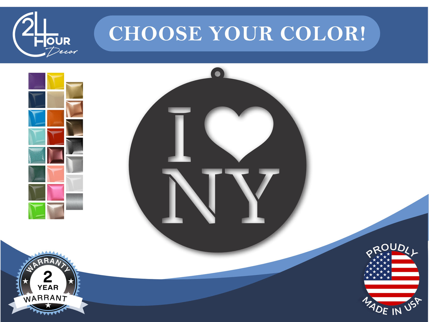 Custom Metal I Love NY New York State Ornament | 4" to 5" | State Ornaments | 20+ Color Options
