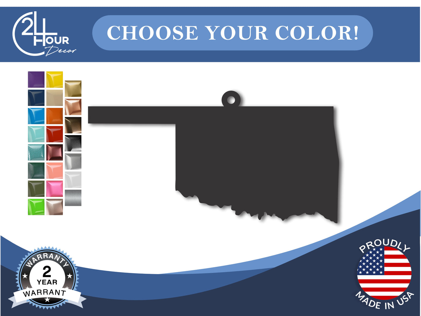 Custom Metal Oklahoma State Ornament | 4" to 5" | State Ornaments | 20+ Color Options