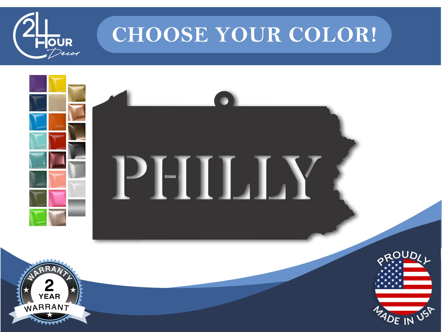 Custom Metal Philly Pennsylvania State Ornament | 4" to 5" | State Ornaments | 20+ Color Options