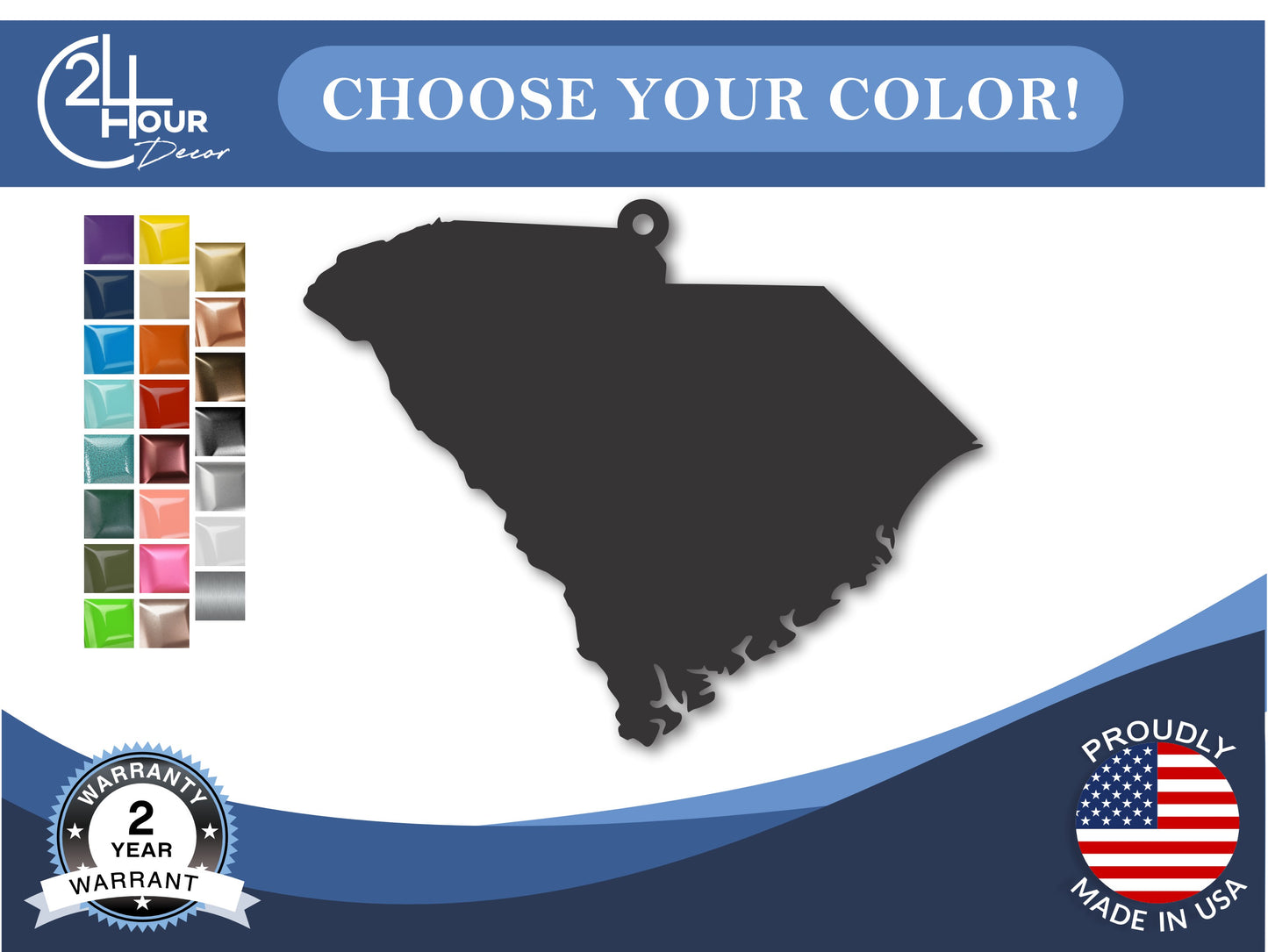 Custom Metal South Carolina State Ornament | 4" to 5" | State Ornaments | 20+ Color Options