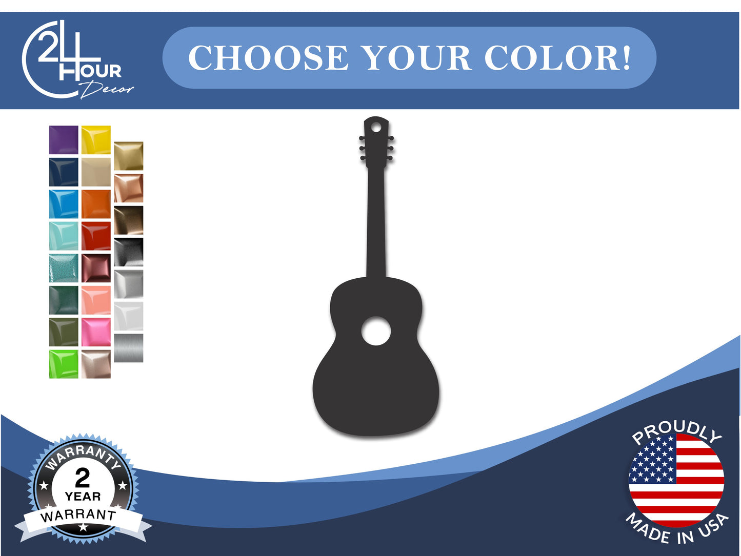 Custom Metal Acoustic Guitar Ornament | 4" to 5" | State Ornaments | 20+ Color Options