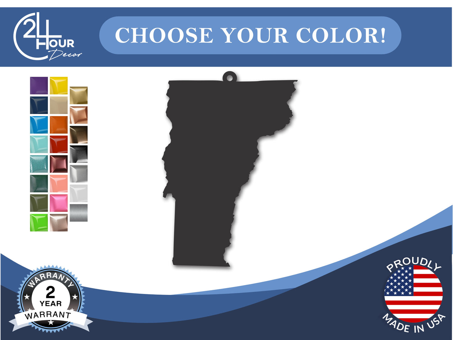 Custom Metal Vermont State Ornament | 4" to 5" | State Ornaments | 20+ Color Options