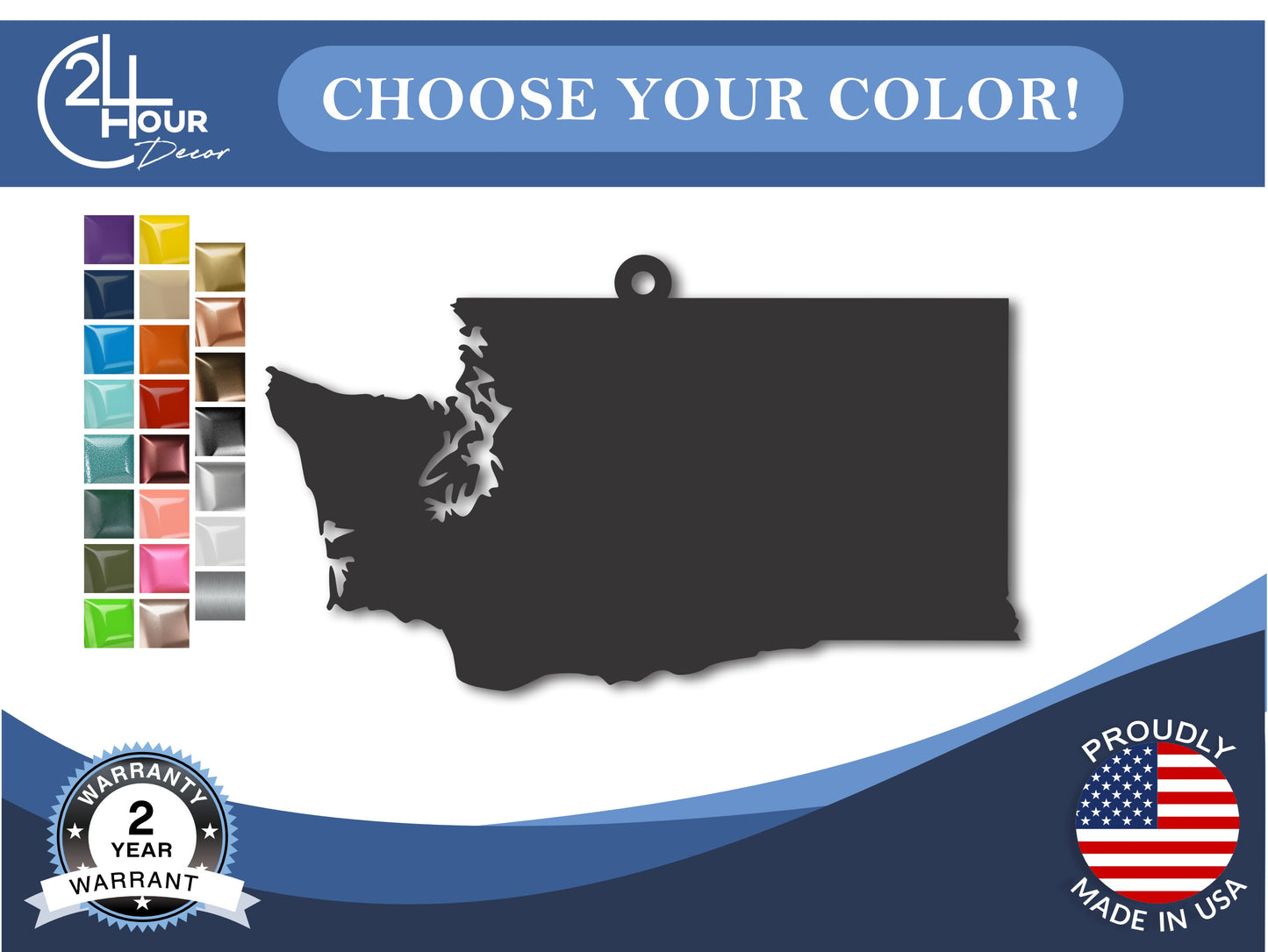Custom Metal Washington State Ornament | 4" to 5" | State Ornaments | 20+ Color Options