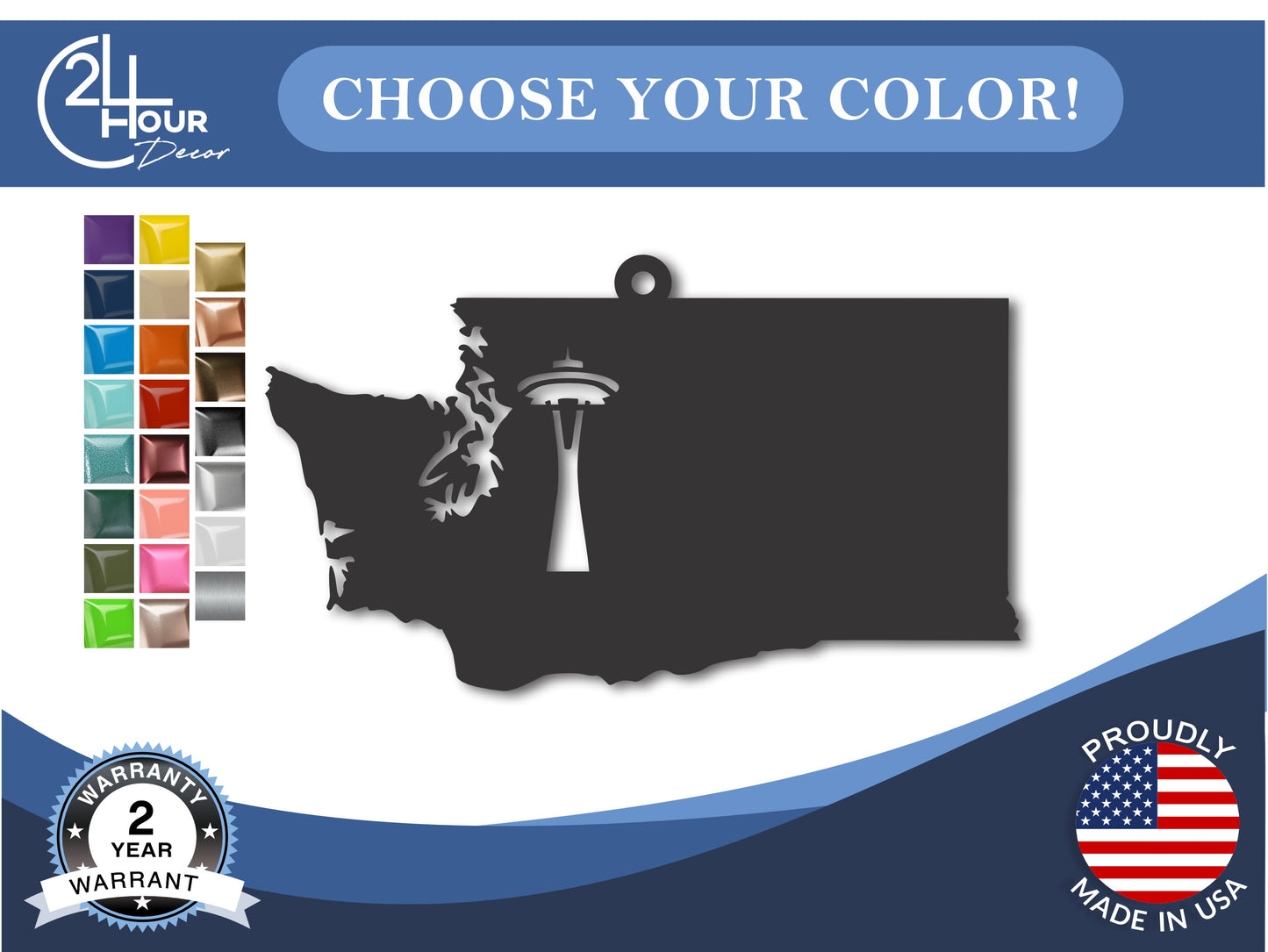 Custom Metal Seattle Washington State Ornament | 4" to 5" | State Ornaments | 20+ Color Options