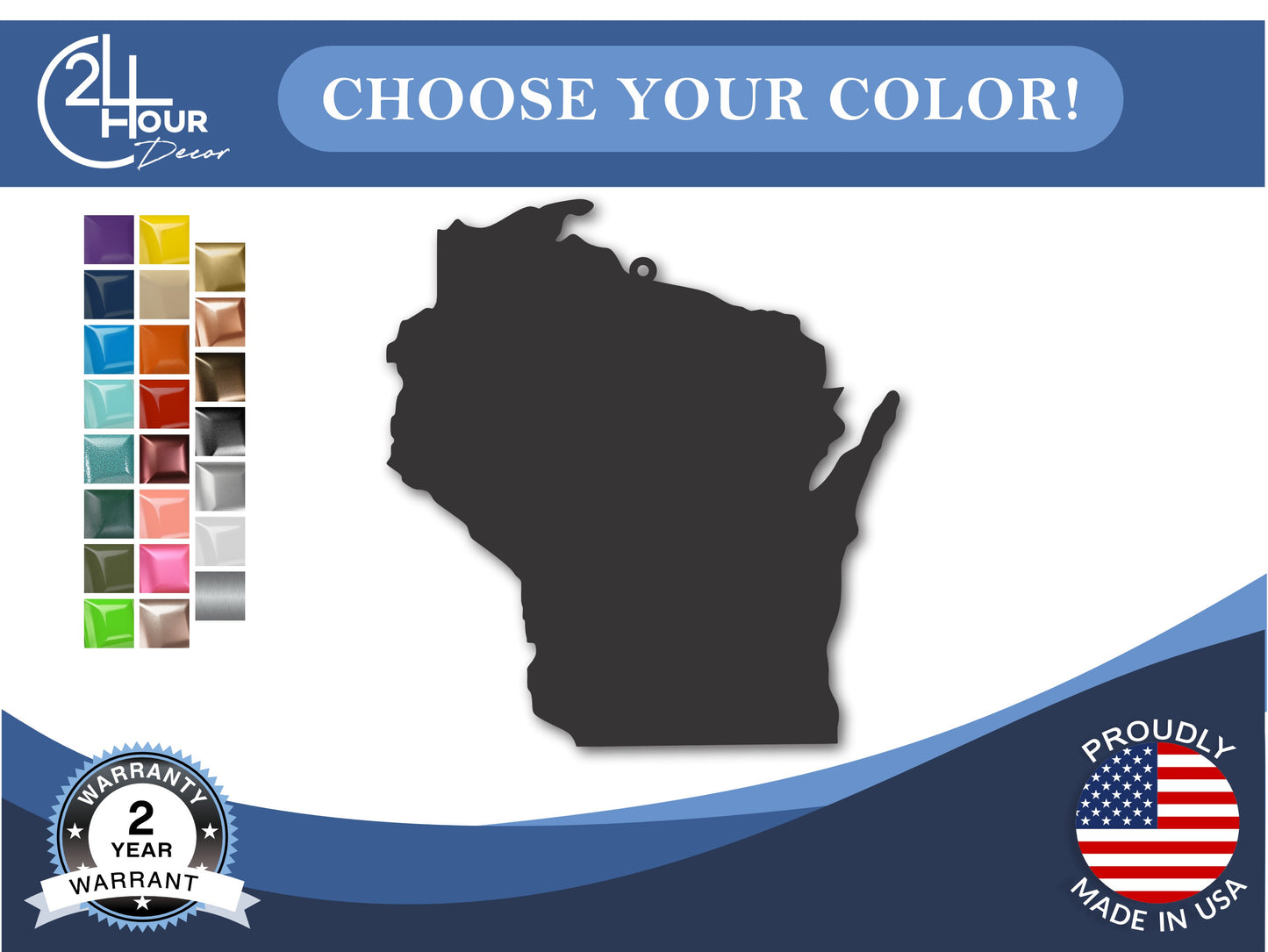 Custom Metal Wisconsin State Ornament | 4" to 5" | State Ornaments | 20+ Color Options