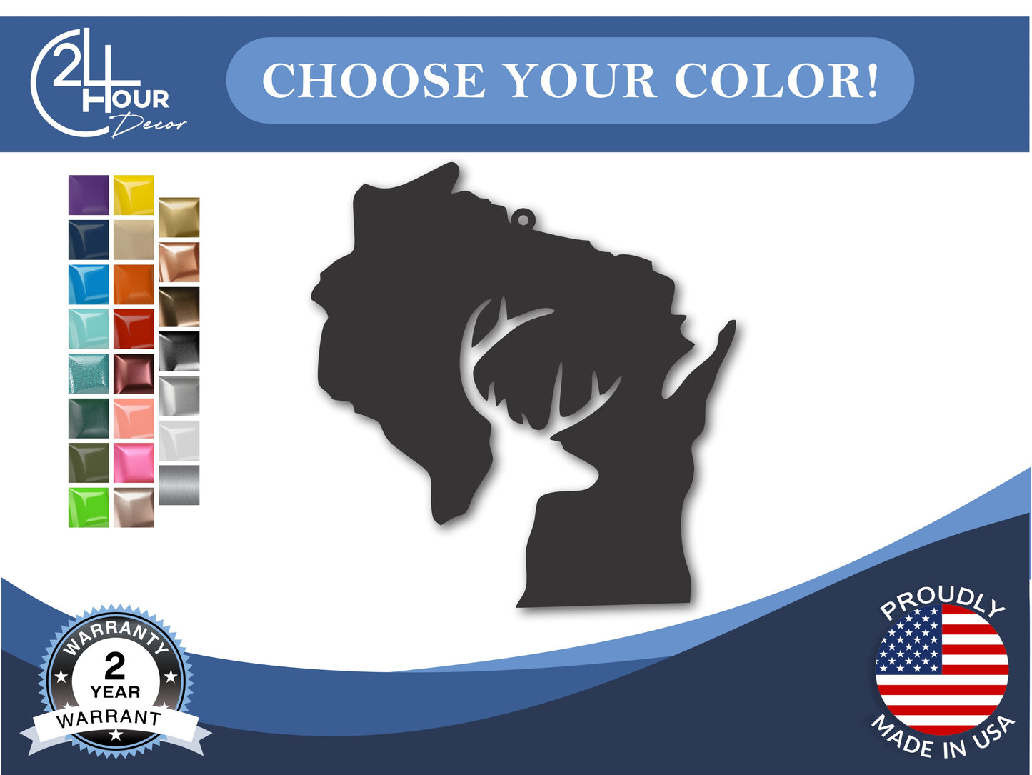 Custom Metal Wisconsin Deer State Ornament | 4" to 5" | State Ornaments | 20+ Color Options