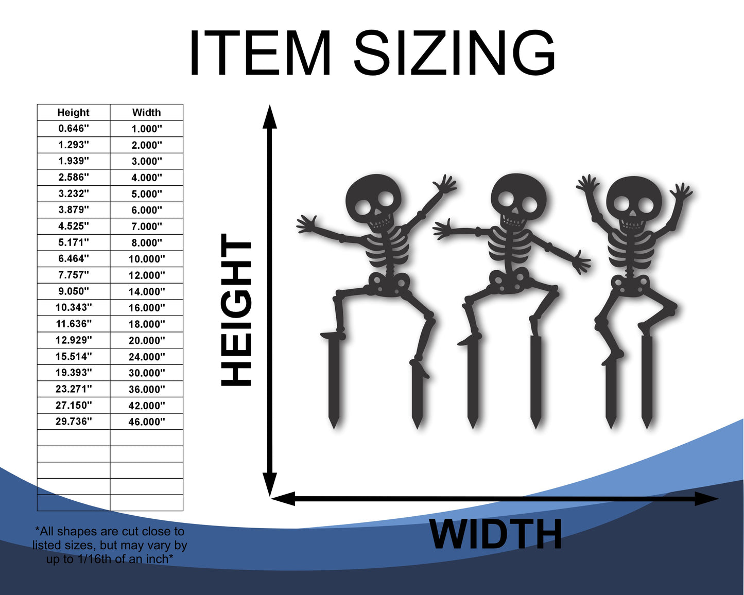 Custom Metal Happy Skeleton Trio Yard Stake Sign | 3pc | Indoor Outdoor | Up to 46" | 20+ Color Options